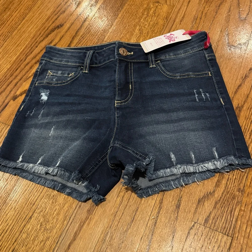 NWT‎ Justice Girls Dark Blue Jean Shorts Slight Distressing Soft Stretch 14 Slim
